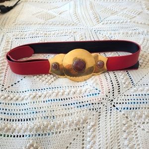 Vintage pink leather waist belt with brass buckle and amethyst